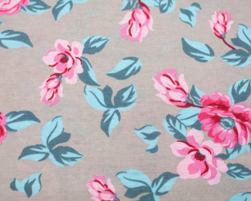 Cotton jersey Pink flowers in grey - 1