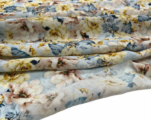 Viscose cloth with linen Pastel flowers in light blue - 1