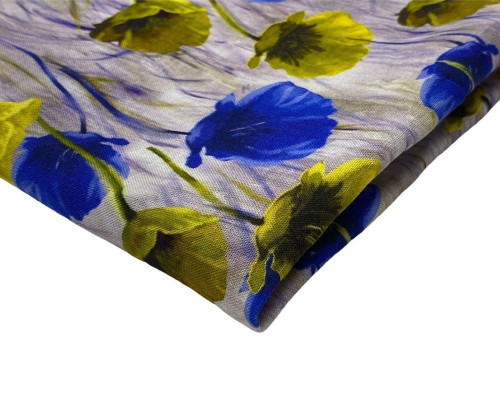 Viscose cloth with linen Blue, yellow lilies - 1