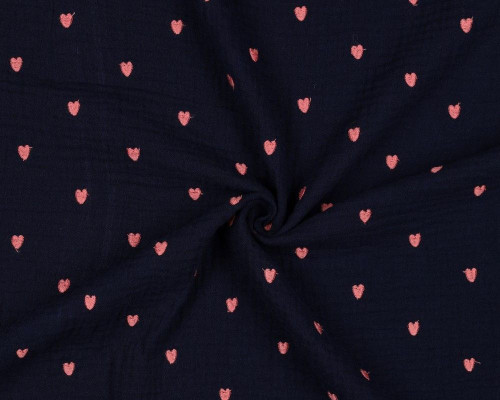 Muslin decorated with pink hearts in dark blue - 1