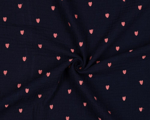 Muslinas siuvinėtos rožinės širdelės tamsiai mėlyname - 1