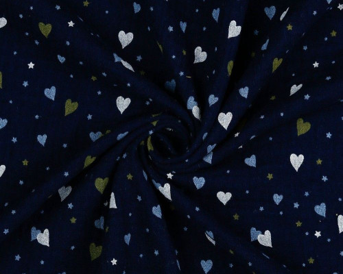 Muslinas Širdelės ir žvaigždutės tamsiai mėlyname - 1