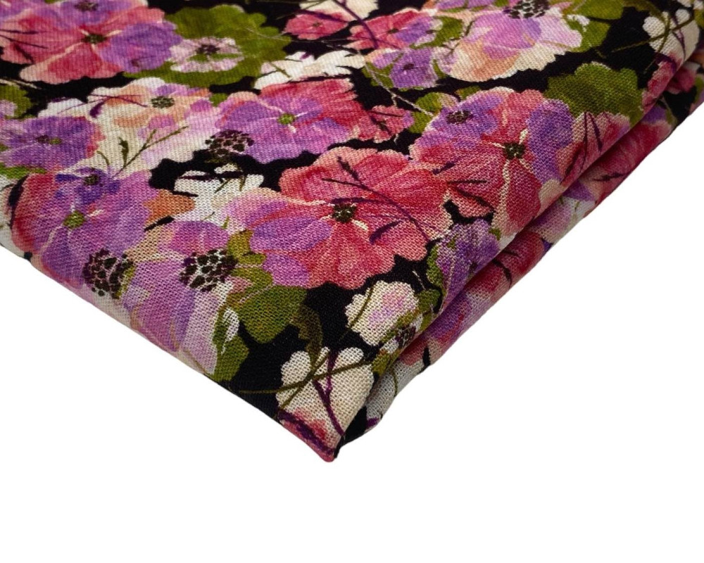 Viscose cloth with linen Pink flowers - 1