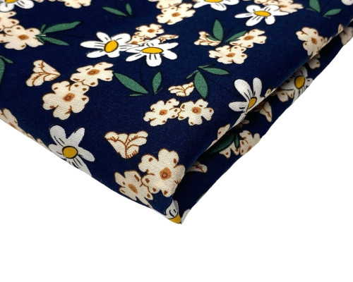 Viscous fabric White flowers in dark blue - 1