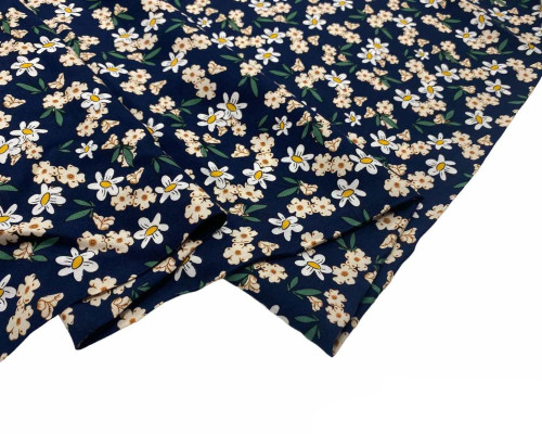 Viscous fabric White flowers in dark blue - 1