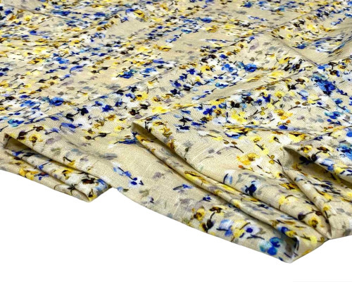 Linen with viscose Yellow blue flowers - 1