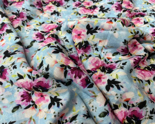 Viscose fabric with linen Flowers in light blue