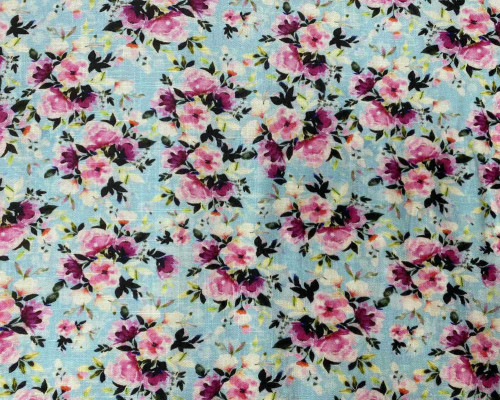 Viscose fabric with linen Flowers in light blue