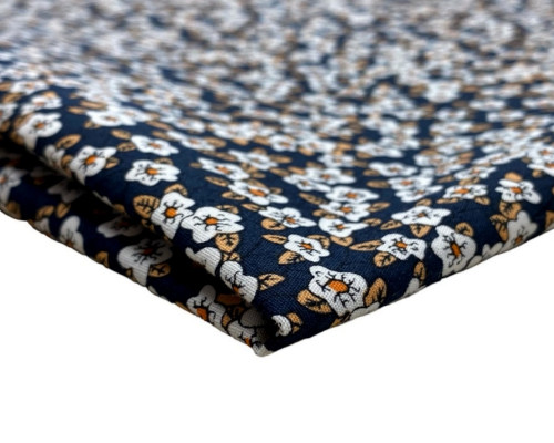 Cotton fabric White flowers in dark blue - 1