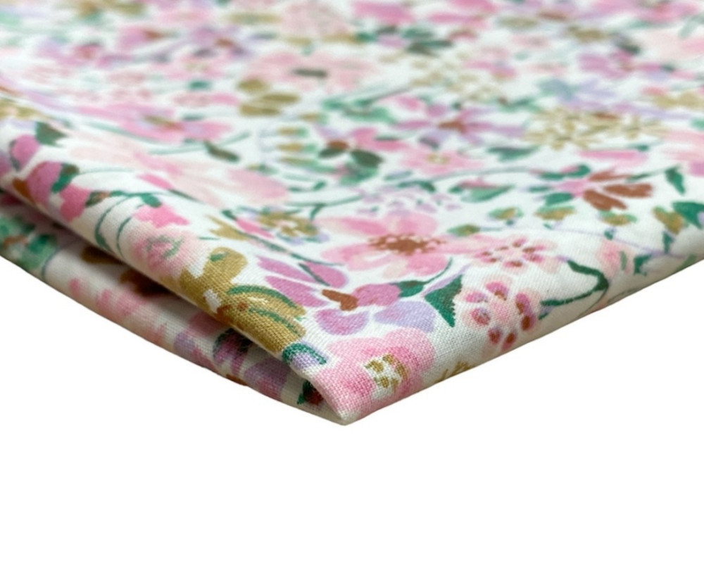 Cotton fabric Pink flowers in white - 1