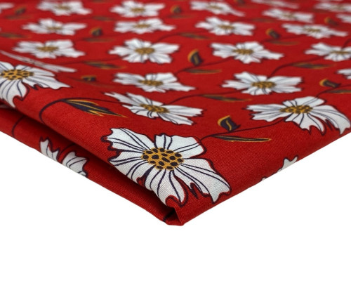 Cotton fabric White flower red - 1