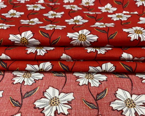 Cotton fabric White flower red - 1