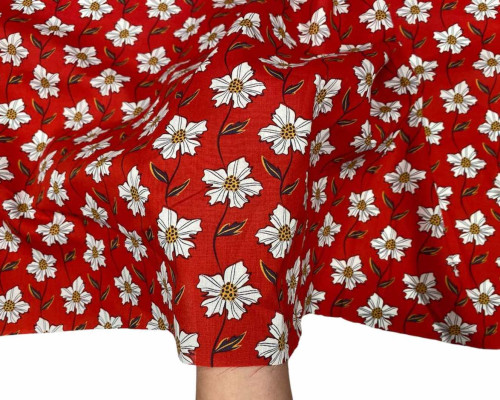 Cotton fabric White flower red - 1