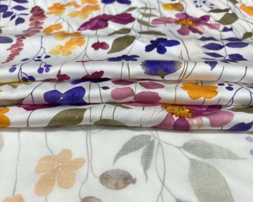 Viskozinis satinas su elastanu Spalvotos gėlės baltame - 2