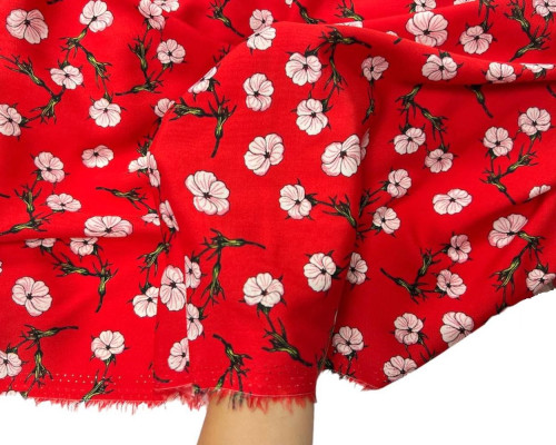 Viscous fabric White flower red - 1