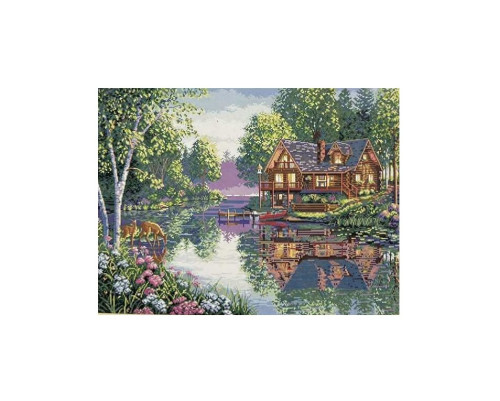 Embroidery painting with thread 40x50cm House by the lake