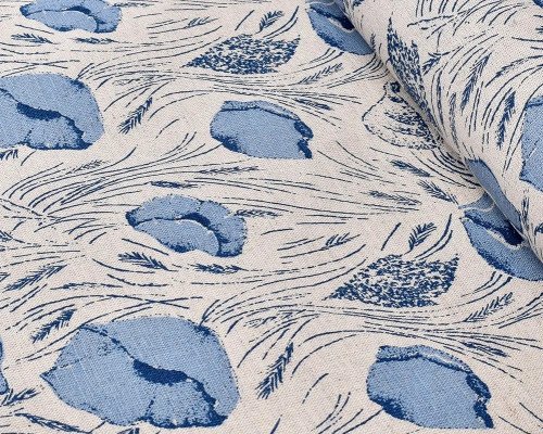 Linen fabric Blue poppies