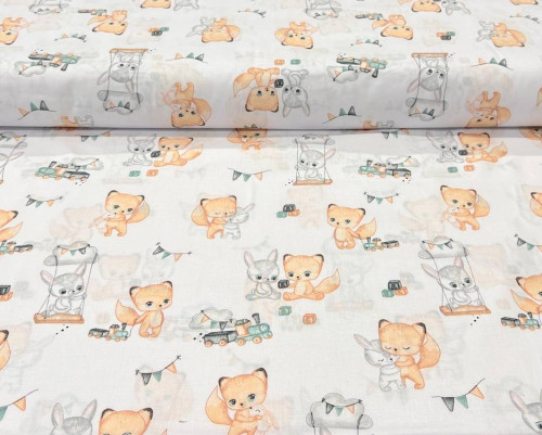 Cotton - canvas Fox and Bunny in white