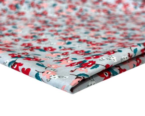 Poplin fabric Red flowers in grey