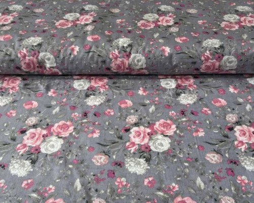 Medvilnė - drobelė Gėlės pilkame - 1