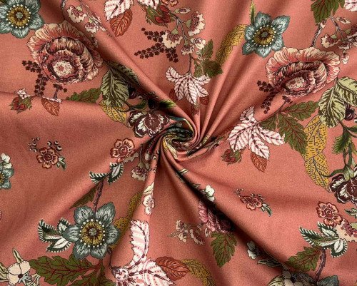 Cotton fabric with elastane Flowers in peach
