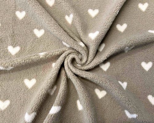 Teddy fabric White hearts in beige