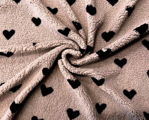 Teddy fabric Black hearts in cocoa