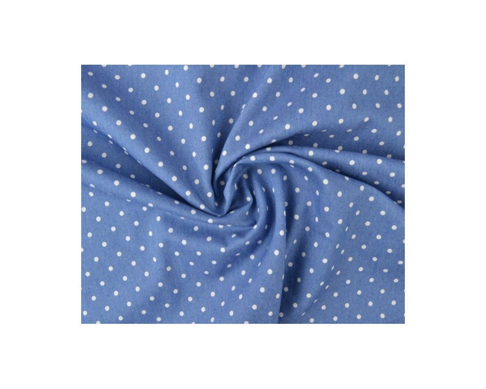 Plonas džinsinis audinys Balti taškeliai šviesiai mėlyname - 1