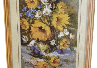 Embroidery painting with thread Sunflowers in a vase