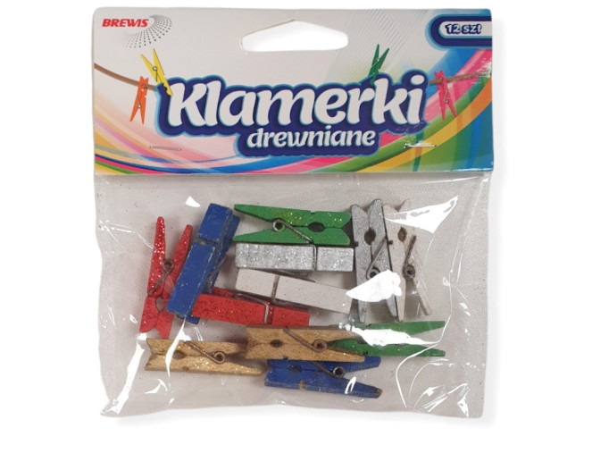 Coloured wooden pins 35mm with glitter