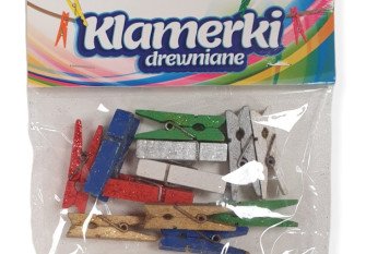 Coloured wooden pins 35mm with glitter