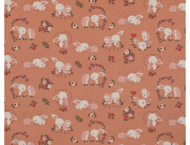 Medvilninis trikotažas (Jersey) Zuikutis ir ežiukas rusvame