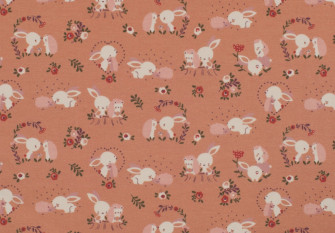 Medvilninis trikotažas (Jersey) Zuikutis ir ežiukas rusvame