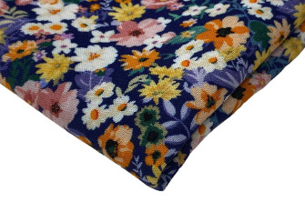 Viscose fabric with linen Small flowers in dark blue