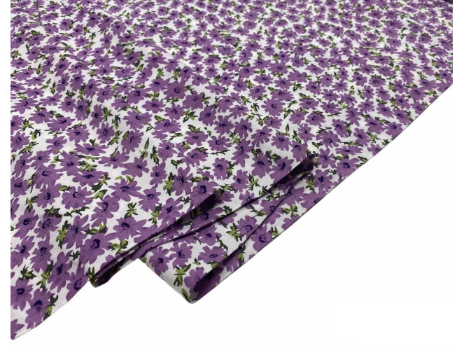 Viskozinis audinys Violetinės gėlytės baltame pigiau