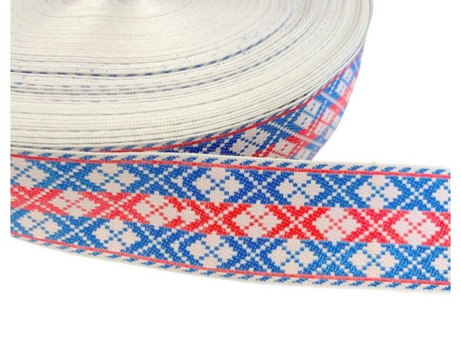Tautinė juostelė 32mm Mėlyni raudoni raštai