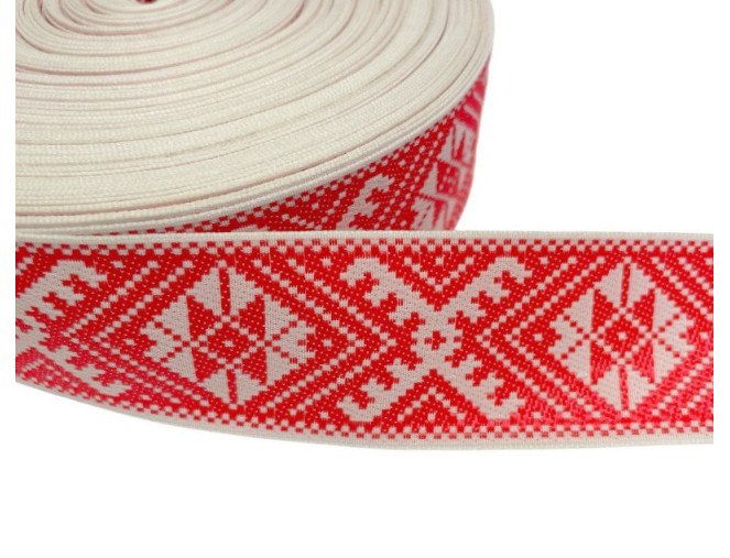 Tautinė juostelė 32mm Raudoni raštai