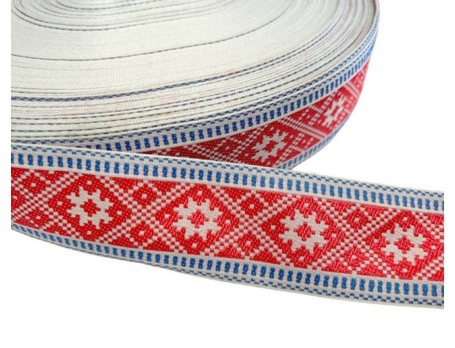 Tautinė juostelė 32mm Raudoni mėlyni raštai