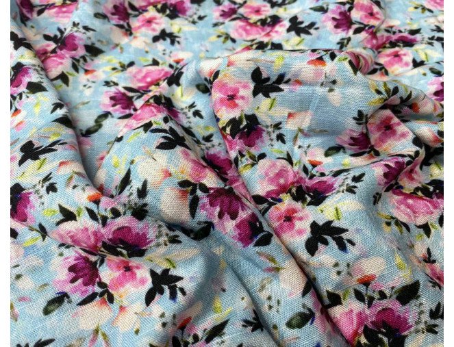 Viscose fabric with linen Flowers in light blue pigiau