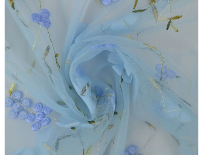 Embroidered tulle with flowers Blue