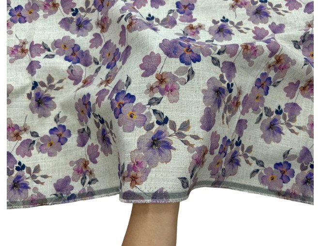 Linen with viscose Violet flowers in grey internetu