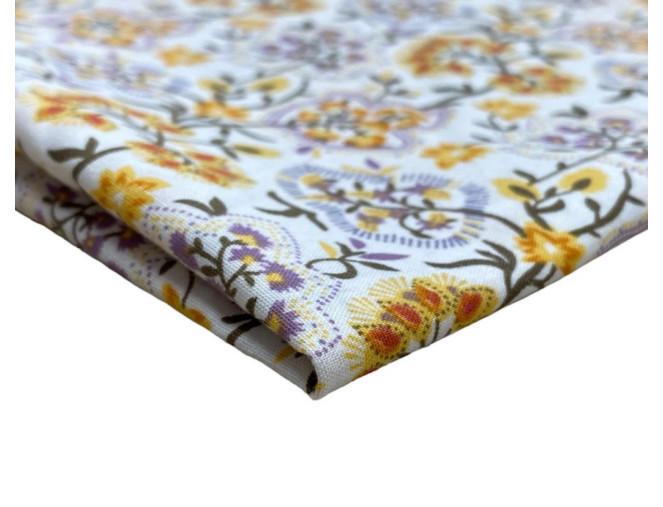 Medvilninis audinys Geltoni lapeliai baltame