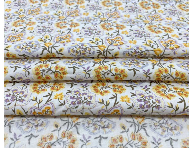 Medvilninis audinys Geltoni lapeliai baltame pigiau