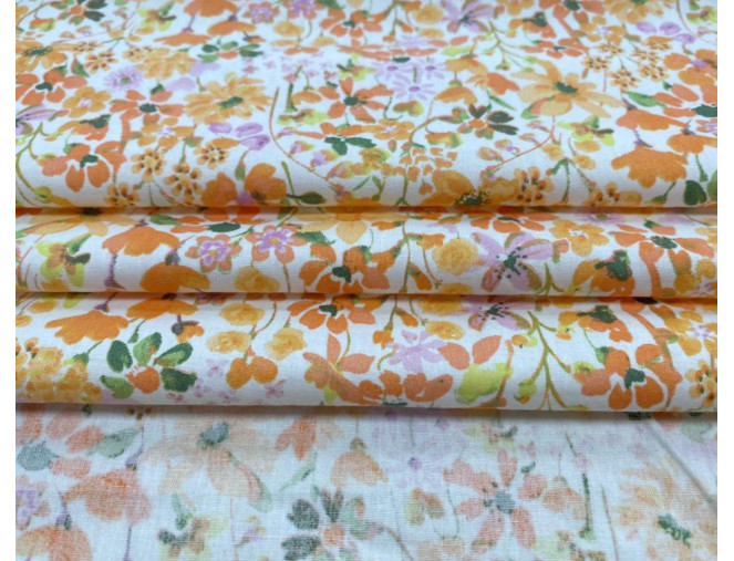 Medvilninis audinys Oranžinės gėlės baltame pigiau