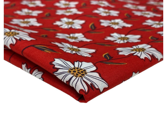 Medvilninis audinys Baltos gėlės raudoname