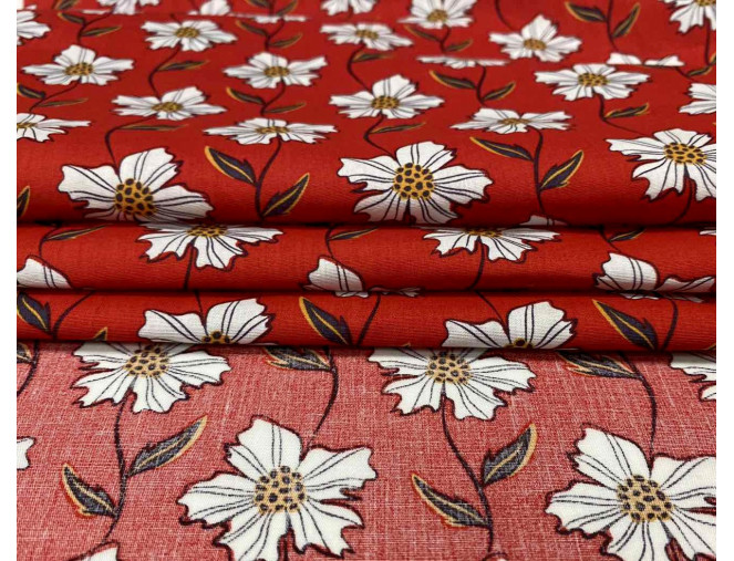 Medvilninis audinys Baltos gėlės raudoname pigiau