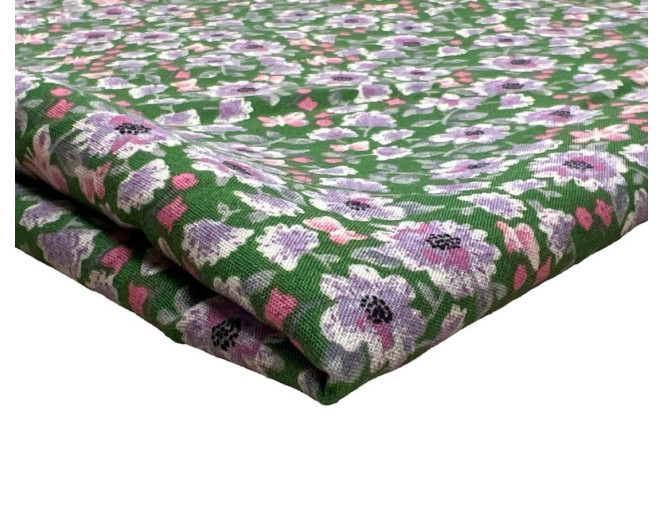 Viskozinis audinys Violetinės gėlytės žaliame