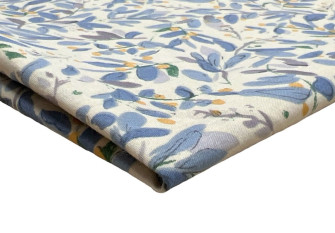 Medvilninis audinys Mėlyni lapeliai šviesiai pilkame