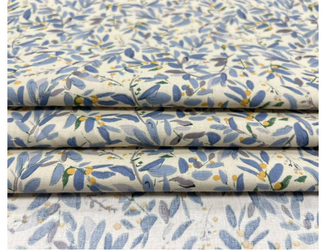 Medvilninis audinys Mėlyni lapeliai šviesiai pilkame pigiau