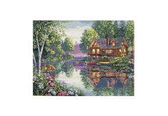 Embroidery painting with thread 40x50cm House by the lake